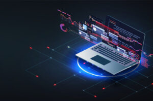 A virtual dashboard of financial data statistics in a laptop.