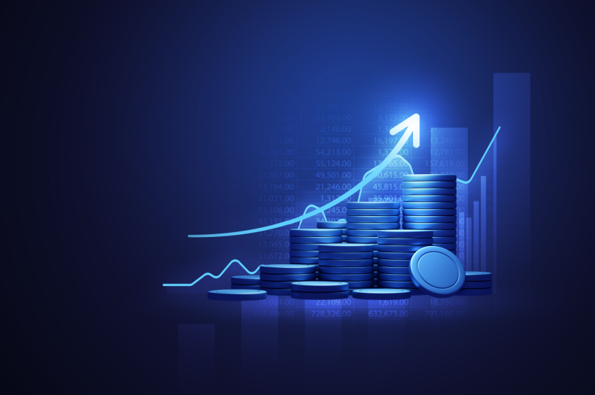 A stock market growth graph with a pile of coins illustrates the business growth with Kratos.